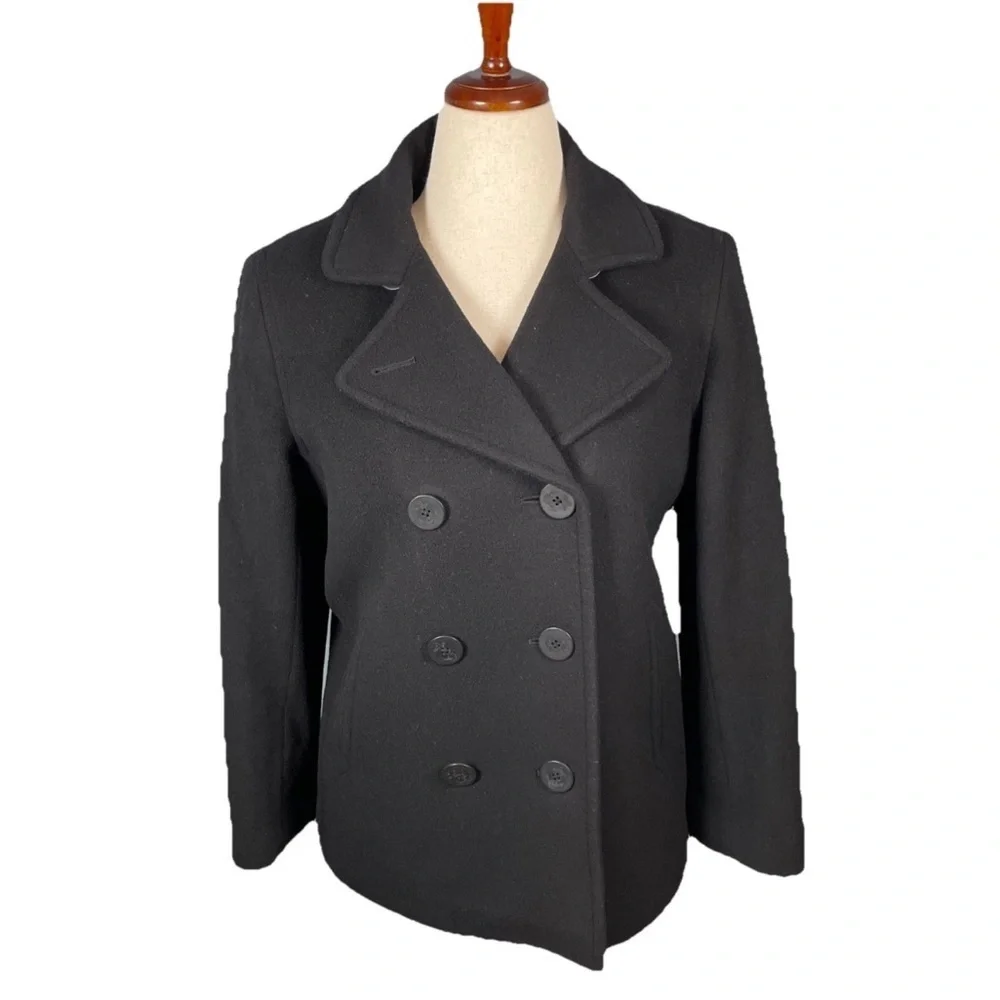 LL Bean Double Breasted Lambswool Peacoat Women’s Size 10 Petite Black Classic